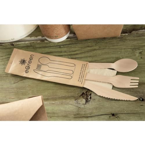 EGreen Individually Kraft Wrapped 4-in-1 Wooden Cutlery Set (Pack of 250), White