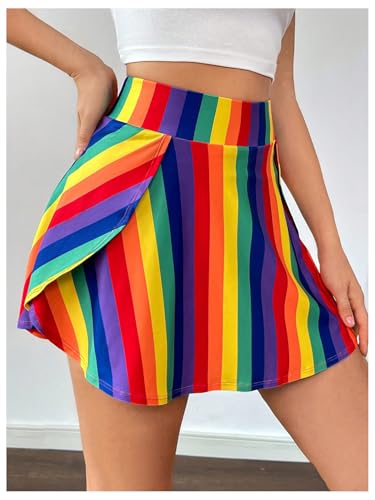 WDIRARA Women's Rainbow Striped Elastic Waist Active Tennis Skorts Golf Workout Skirt Shorts with Pocket4
