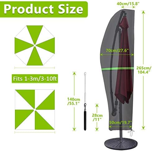 GEMITTO Protective Parasol cover with Rod, Cantilever Parasol Protective Cover 2 to 4 m Large Umbrella Cover Weatherproof UV-Anti Windproof and Snow Safe Outdoor for Cantilever Parasol 265x30x70/45 cm