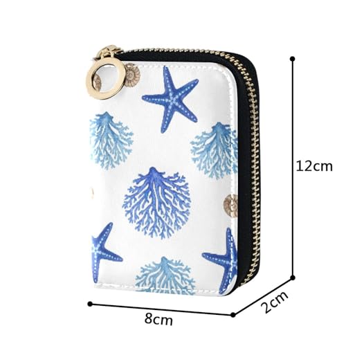 RFID Blocking Credit Card Holder Wallet Womens Small Leather Zipper Card and Cash Holder Blue Coral Starfish Shells White3