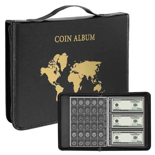260 Coin & 30 Bill Sleeves World Map Coin Collection Album for Collectors Holder, Expandable Coin Storage Book with Secure Zipper and Handy Handle Coin Storage Case Box for Coin Collection Holder