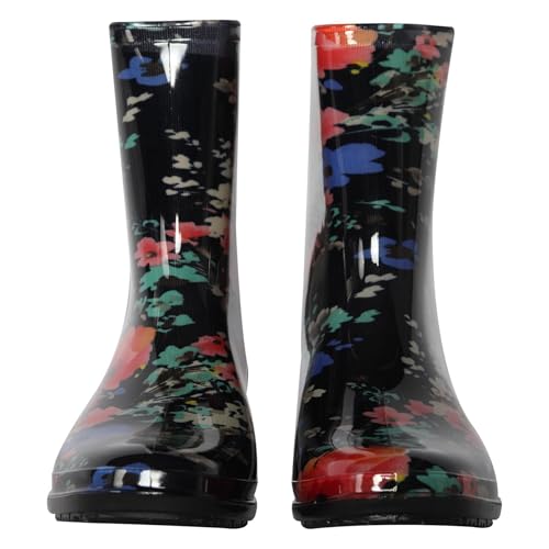 A2Z Ladies Waterproof PVC Rain Boots Stylish Mid-Calf Slip-On - Wellies LDS 1409 Floral Black 5 UK