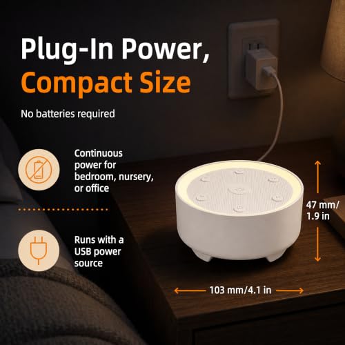 Image of Kipcush White Noise Machine for Sleeping, Baby & Adults, High-Fidelity Non-Looping Sounds, Sleep Sound Machine with Dimmable Night Light, USB Powered, Memory Function, Home, Nursery & Travel