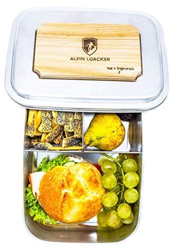 ALPIN LOACKER Edelstahl Lunchbox Groß 1800ml Brotdose, Bento Box, Vesperdose | mit Fächern, Trennwand | Die große Brotbox zum Wandern, Reisen, Schule, Kindergarten (mit Schneidbrett, 1800ml)