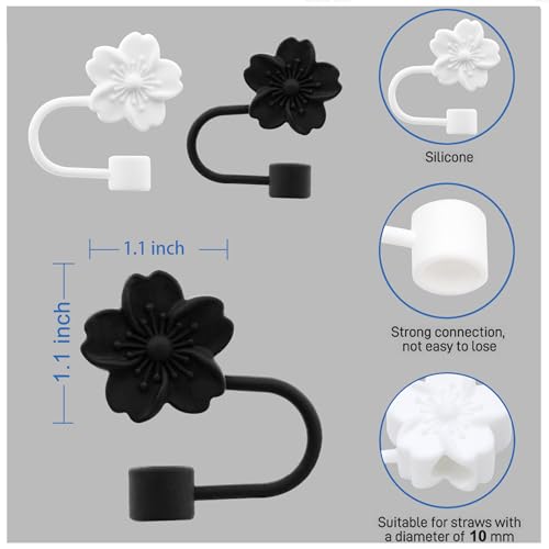 Flower Silicone Straw Cover Cap for Stanley Cup,Straw Topper 10 mm 0.4 in Reusable StrawTips Lids,StrawTip Covers Gift for Party Decor (2pcs Black 2pcs white Cherry blossom)