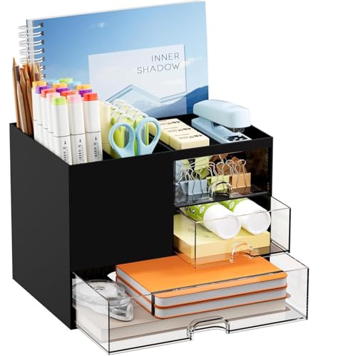 Image of Shuttle Art Black Desk Organizer with 3 Drawers & 5 Compartments | Multi-Functional Pen Pencil Holder for Office, Home & Study Table | Desktop Storage Box for Stationery, Art Supplies & Accessories
