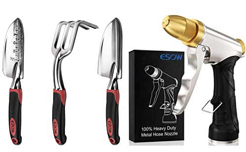 ESOW 3 Piece Gardening Tool Set and 100% Heavy Duty Metal Garden Hose Nozzle (2 Items)