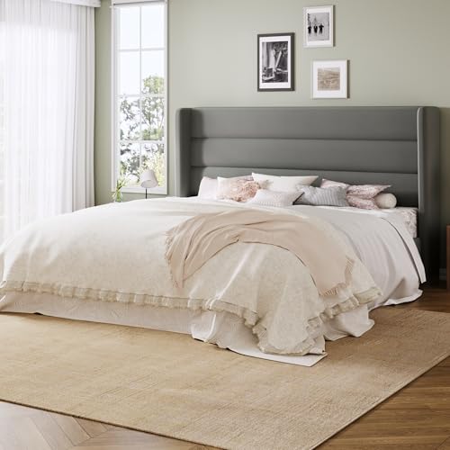 Image of Allewie King Size Platform Bed Frame with Velvet Upholstered Wingback Headboard, No Box Spring Needed, Under Bed Storage Space, Strong Wooden Slats, Modern Mattress Foundation, Easy Assembly, Grey