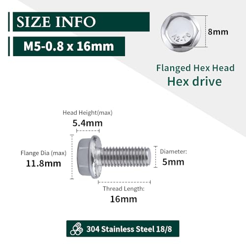 Image of M5-0.8 x 16mm Hex Flange Bolt (0.63 inch Thread Length), DIN6921, Serrated Locking Flange, 304 Stainless Steel, UNC Full Thread, 50-Pack