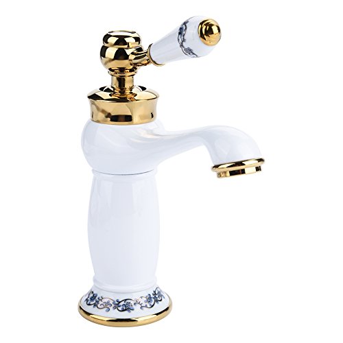 Cerámica de latón antiguo grifo del cuarto de baño grifo azul y blanco de porcelana largo cuello vintage grifo mezclador mezclador cocina grifo de agua fría grifo(blanco)