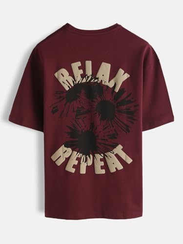Image of WROGN Men's 220 GSM Cotton Blend T-Shirt | Relax Repeat Puff Print Front & Back | Oversized Fit