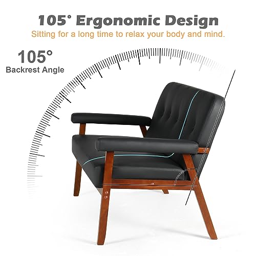 Image of STHOUYN 50 inchW Black Faux Leather Office Couches Loveseat Sofa with Wood Arms, Mid Century Modern Love Seat Sofas Couch Lounge Armchair Living Room