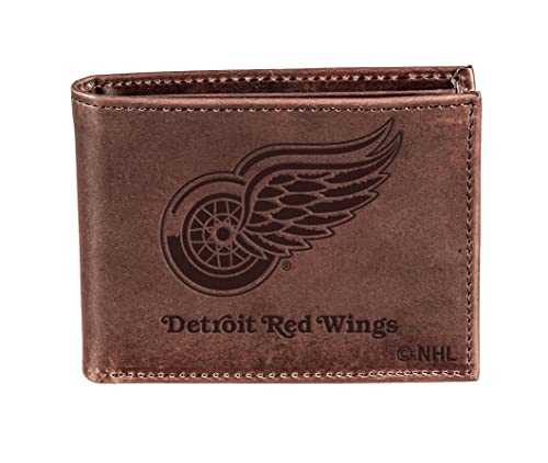 Team Sports America NHL Detroit Red Wings Brown Wallet | Bi-Fold | Officially Licensed Stamped Logo | Made of Leather | Money and Card Organizer | Gift Box Included