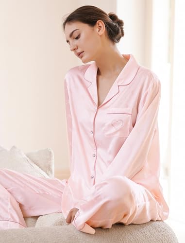 ONIONYOU Satin Pajama Set for Women 2 Piece Long Sleeve Button Up Silky PJ Sets Loungewear Soft Satin Sleepwear with Pocket Sakura Pink — view 2