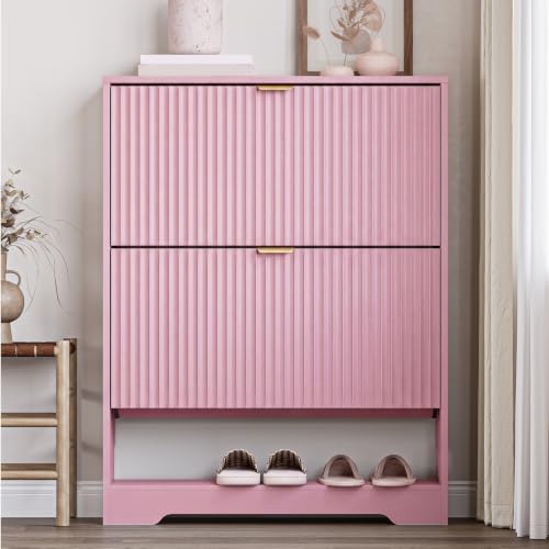 Image of BORNOON Shoe Cabinet with 2 Flip Drawers, Fluted Shoe Storage Cabinet with Adjustable Shelves, Freestanding Rack and Organizer for Entryway, Closet, Hallway