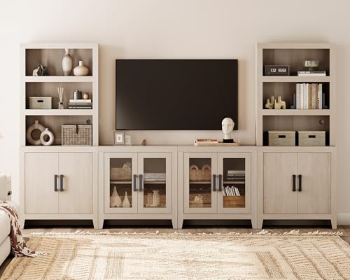 WAMPAT Entertainment Center with Bookshelves for TV up to 75", 4-Piece Modular TV Stand with Wood & Glass Doors, Media Console for Living Room, Dining Room, Open Shelves with Cabinets, Beige