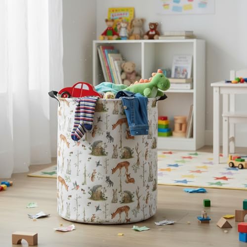 Image of Baby Laundry Hamper Basket Baby Hamper for Nursery Boy and Girl Cute Storage Bin Organizer Boho Room Decor(Tree Animals)