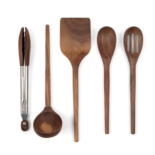 Salt-York-5-piece-Walnut-Wooden-Kitchen-Utensil-Set-Includes-Turner-Tongs-Slotted-Spoon-Ladle-and-12-Spoon-Best-Wooden-Spoons-for-Cooking-Ideal-for-Nonstick-Cookware