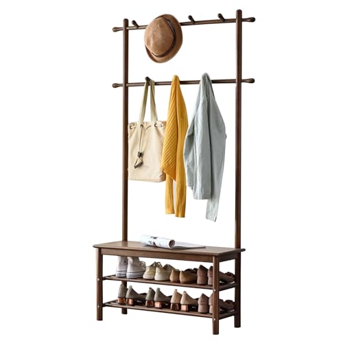 Meuble d'entrée en bois massif marron style farmhouse avec vestiaire et banc premium