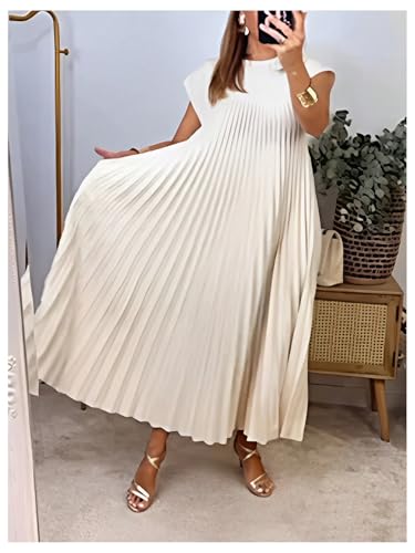Image of GORGLITTER Women's Pleated Flowy Chiffon Church Dresses Elegant Summer Short Sleeve Wedding Guest Maxi Dress Outfits