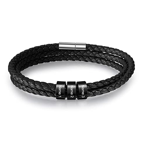 Remfacio Mens Leather Bracelets Personalized 1-6 Names Engraved Bracelet Leather Braid Bracelet Gifts For Men Dad Husband Grandpa Boyfriends (3 Names) #TOP1