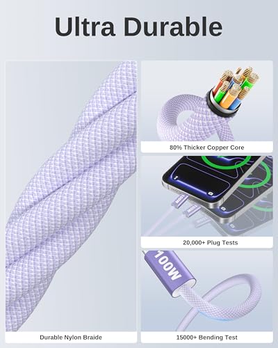 Image of USB C to USB C Cable, 10ft, 100W PD 5A Fast Charging Cord, Aluminum Connector & Nylon Braided Type C Charger Cord for iPhone 17 /16 /15, MacBook Air /Pro, iPad Pro, Samsung S25 /S24 /S23, Pixel 10(Purple)