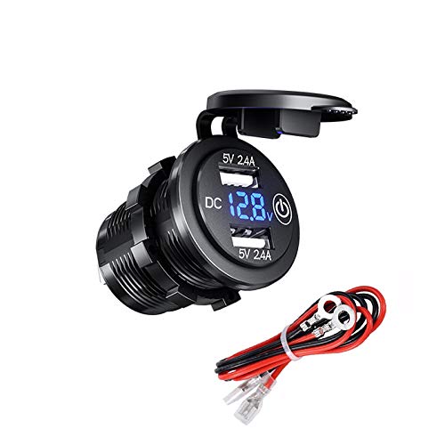 YGL Impermeable Cargador de Coche Dual USB con Interruptor, Toma Corriente USB de 12V / 24V 2.4A y 2.4A con Voltímetro Digital LED para Automóvil, Marina, Barco, Motocicleta, Camión, etc(Azul)