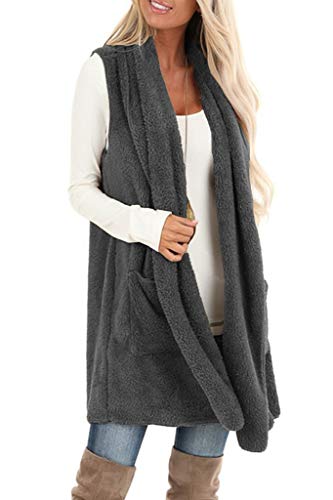 Reachme Womens Sleeveless Sherpa Vest With Pockets Lapel Open Front Fleece Cardigan Sweater Fuzzy Jacket Coat(01 Dark Grey,S) #TOP1