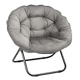 Folding Saucer Chair, Lazy Moon Chair with Metal Frame, Comfy Bedroom Chairs for Bedroom, Living Room, Study Grey JC
