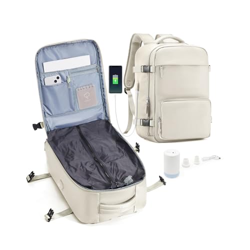 Vacuum Travel Backpack with Pump Vacuum Compression Seal Vacpack Air Backpack Laptop Backpack for Women Men Carry on Backpack Personal Item Travel Bag Luggage Flight Approved Business Back Pack Beige