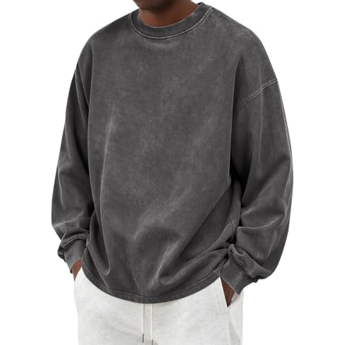 Crew Neck Sweatshirt for Mens Plain Oversized Acid Wash Vintage Sweatshirts