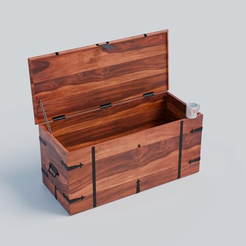 Image of Solid Sheesham Wood Trunk Box for Storage Wooden Center Coffee Table for Living Room Dcor | Multipurpose Wooden Center Table with Storage Box Cabinet with Iron Fittings | Honey Finish