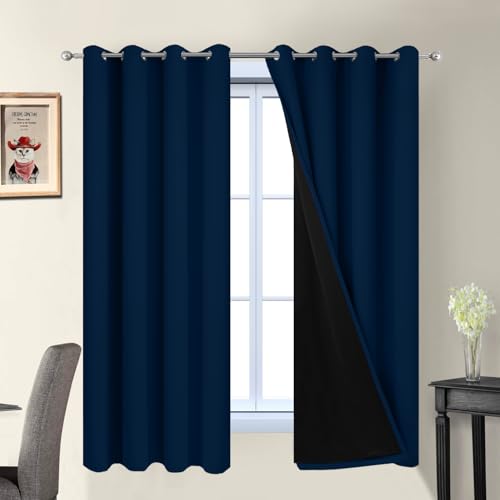 Image of Yakamok Dark Blue 100% Blackout Curtains 63 Inches Long 52 inch Wide 2 Panels | Blackout Curtain Panels for Bedroom, 2 Thick Layers Grommet Top Thermal Insulated Drapes with Black Liner for Living Room