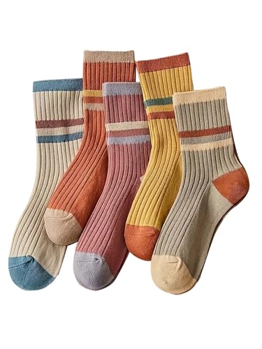 OYOANGLE Women's 5 Pair Color Block Striped Crew Socks Summer Cute Socks Comfy Daily Wear Knitted Sock