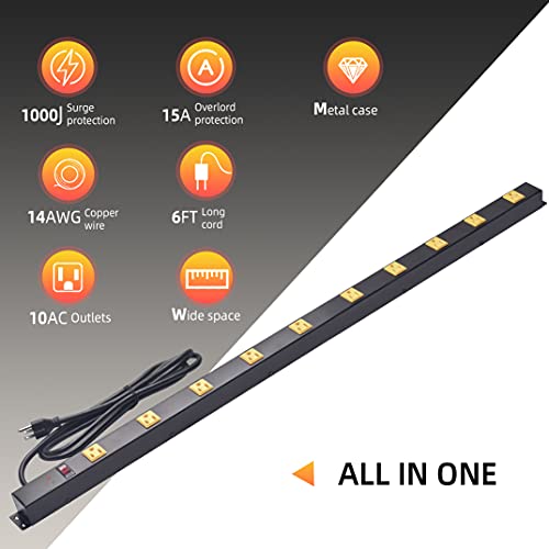 Image of 10-Outlet Heavy Duty Power Strip Surge Protector Metal Long Extension Cord 6-Foot, Black(1000J)