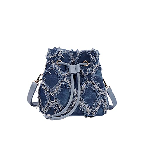 Women's Small Denim Bucket Purse Tie-dyeing Quilted Distressed Shoulder Crossbody Bag
