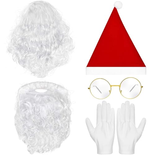 IHLOOTD Weihnachtsmann Bart und Perücke Mütze Brille Handschuhe 5...