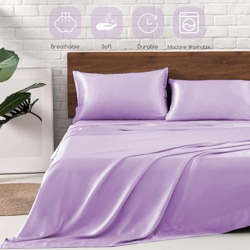 Image of MR&HM Satin Bed Sheets with Elastic Corner Straps, King Size Sheets Set, 4 Pcs Silky Bedding Set with 15 Inches Deep Pocket for Mattress (King, Lilac)