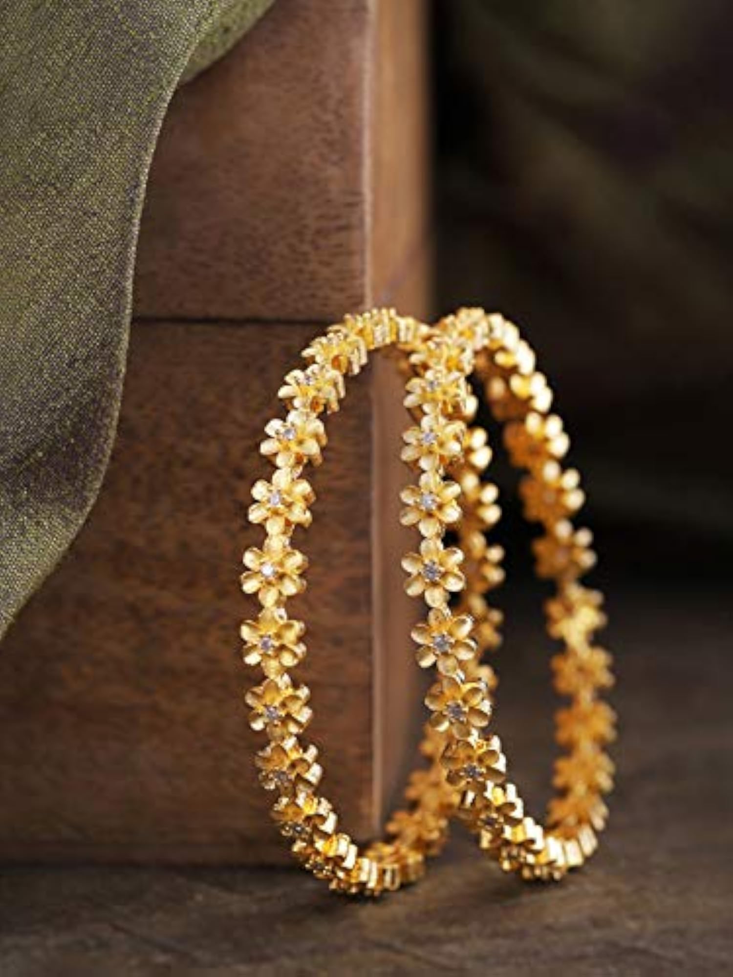 Set of 2 Women's Floral Pattern Stones Studded Bangles