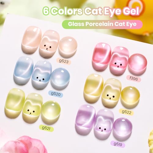 Image of Beetles Cat Eye Gel Nail Polish Set - Sugar Meadow 6 Colors Cat Eye Pastel Gel Polish Kit Glitter Pink Purple Green Blue Orange Peach Yellow Magnetic Soak Off UV Manicure Gift for Women