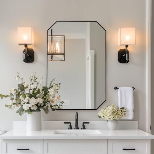 Image of ANDY STAR Black Octagon Bathroom Mirror, 24x36 Inch Stainless Steel Metal Frame, Anti-Rust, Shatterproof HD Glass, Wall Mounted for Bathroom, Bedroom, Living Room