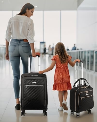LUGGEX 2-Piece Soft-Sided Carry-On Luggage Set: 20 Expandable Suitcase & 15 Underseat Bag with Wheels (Black, Gold & Silver)