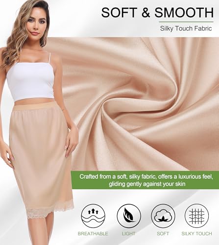 Lovasy Women Satin Half Slips Lace Long Underskirt Anti Static Under Skirt Soft Slip Dress for Skirts Dresses Nude,Medium - Thumbnail 4