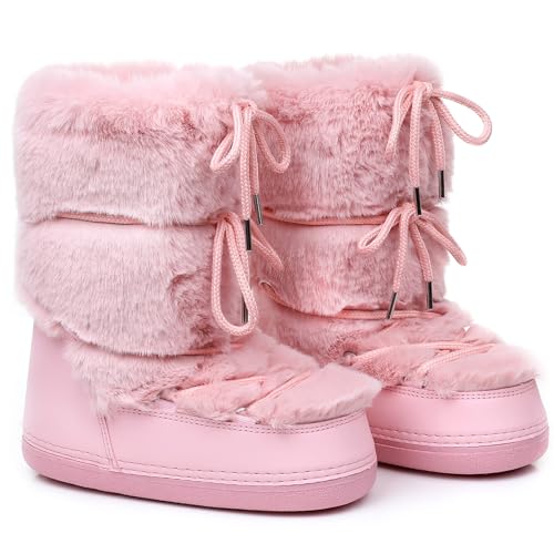 Faux Fur Snow Boots for Women Furry Fuzzy Fluffy Womens Boots Lace-up Winter Warm Fur Lined Mid-Calf Non-Slip Ski Boots (pink Adult Women 8 Numeric Range US Footwear Size System 9 Medium)