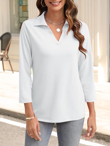 Womens V Neck Polo Shirts 3/4 Sleeve Collared Tops Business Casual Summer Tops Trendy Loose3