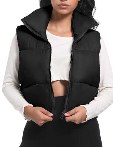 Buauty Cropped Puffer Vest Women 2025 Winter Puffy Vest with Pockets Lightweight Stand Collar Zip Up Sleeveless Jacket2