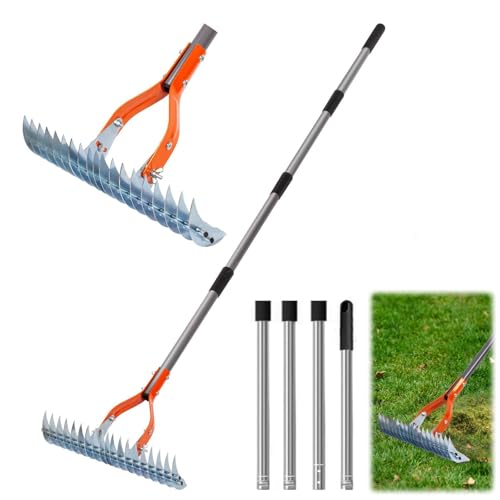 MeYuxg Vertikutierrechen, Metall Vertikutierer Rechen mit Stiel 170CM, Verstellbarer Handvertikutierer Rasenlüfter, Vertikutierharke zum Reinigen von Totem Gras für Garten, Hof, Rasen