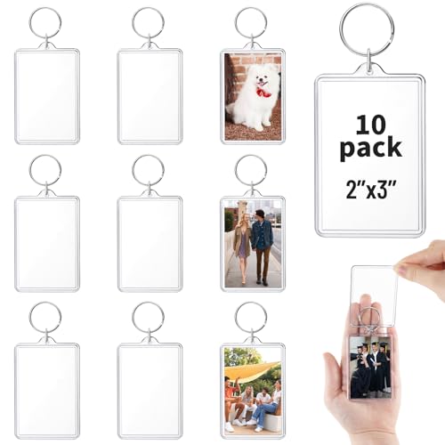 jojnawa 10 Pcs Acrylic Photo Keychain Bulk, Clear Photo Keyrings for Zink Photo Paper 2x3 inch, Shatterproof Acrylic Keychains with Split Rings, DIY Custom Keyring Frames for Gifts, Parties & Crafts