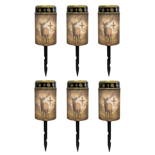 Poceacles Solar Candle Cemetery Solar Lights for Grave LED Garden Flameless Powered Pathway Lights Outdoor Waterproof with Dusk to Dawn Sensor, 6 PCS, Brown Deer Cross Pattern