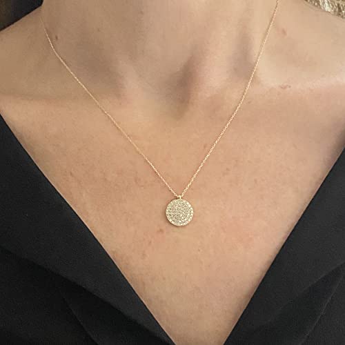 14K Solid Gold Cz Round Pave Necklace For Women, Cubic Zirconia Disc Circle Pendant,Christmas Birthday Gift For Her, Casual Jewelry (0.47 Inch) #TOP1